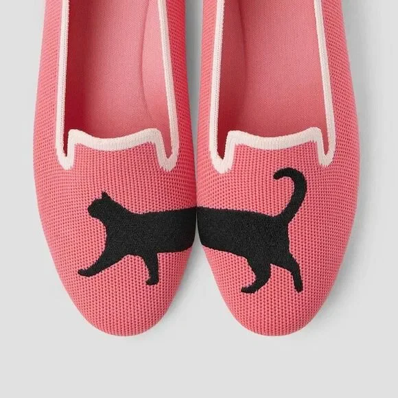 Vivaia Round-Toe Embroidered Loafers Pink Black Cat Size 38 US 7 - 7.5 - Picture 10 of 13